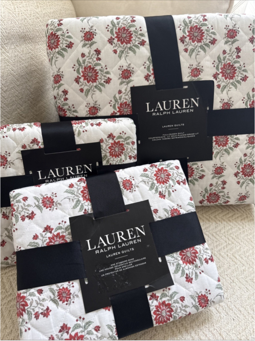 Ralph Lauren Maren Full/Queen Quilt & 2 Standard Shams Cream 3pc Shabby Chic NWT